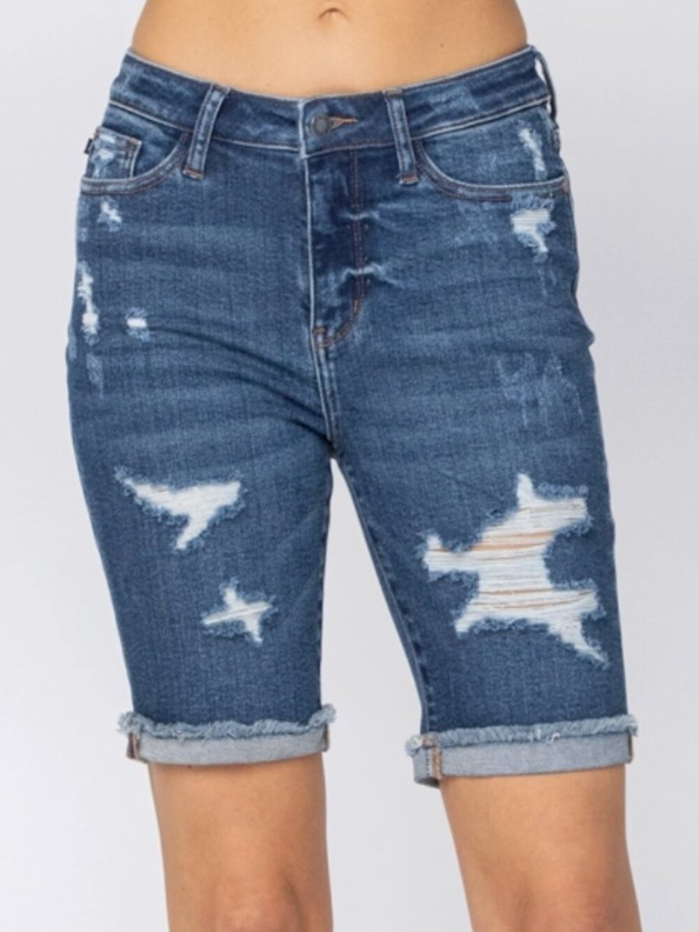 JUDY BLUE High-Rise Stretch Denim Bermuda Shorts Size XL Distressed 15 (32) NEW